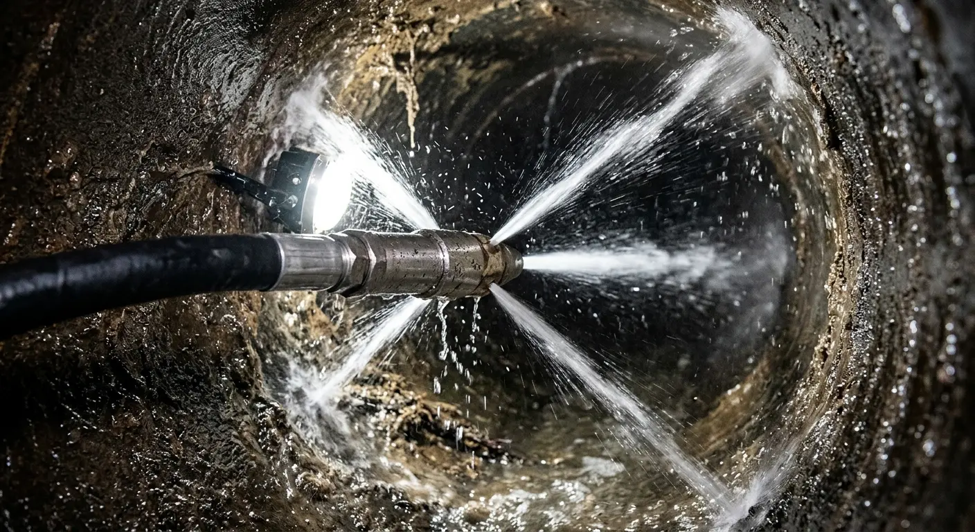High-pressure hydro jetting nozzle cleaning sewer pipe for Trenchless Sewer Repair in Brooklyn