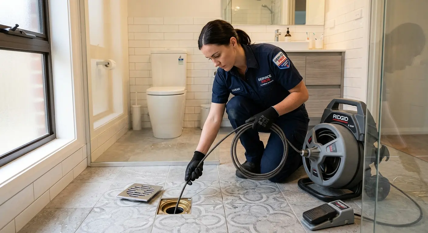 Technician clearing a bathroom floor drain for Drain Cleaning in Brooklyn